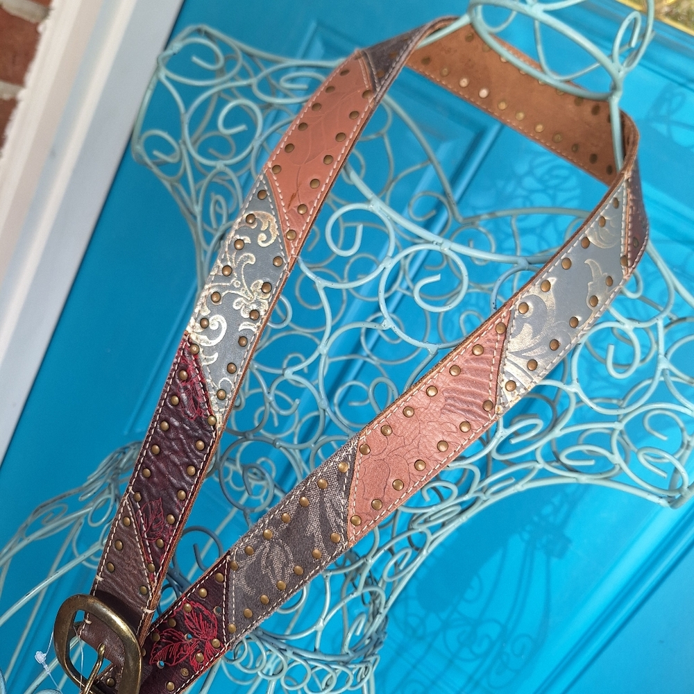 Genuine Leather Belt Metal Studded Embossed Patchwork Bohemian Tooled Womens - Picture 7 of 16